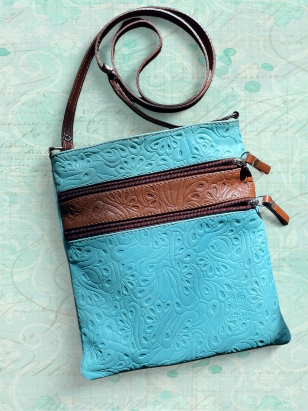 Vera Pelle Turquoise and Brown Embossed Leather Crossbody